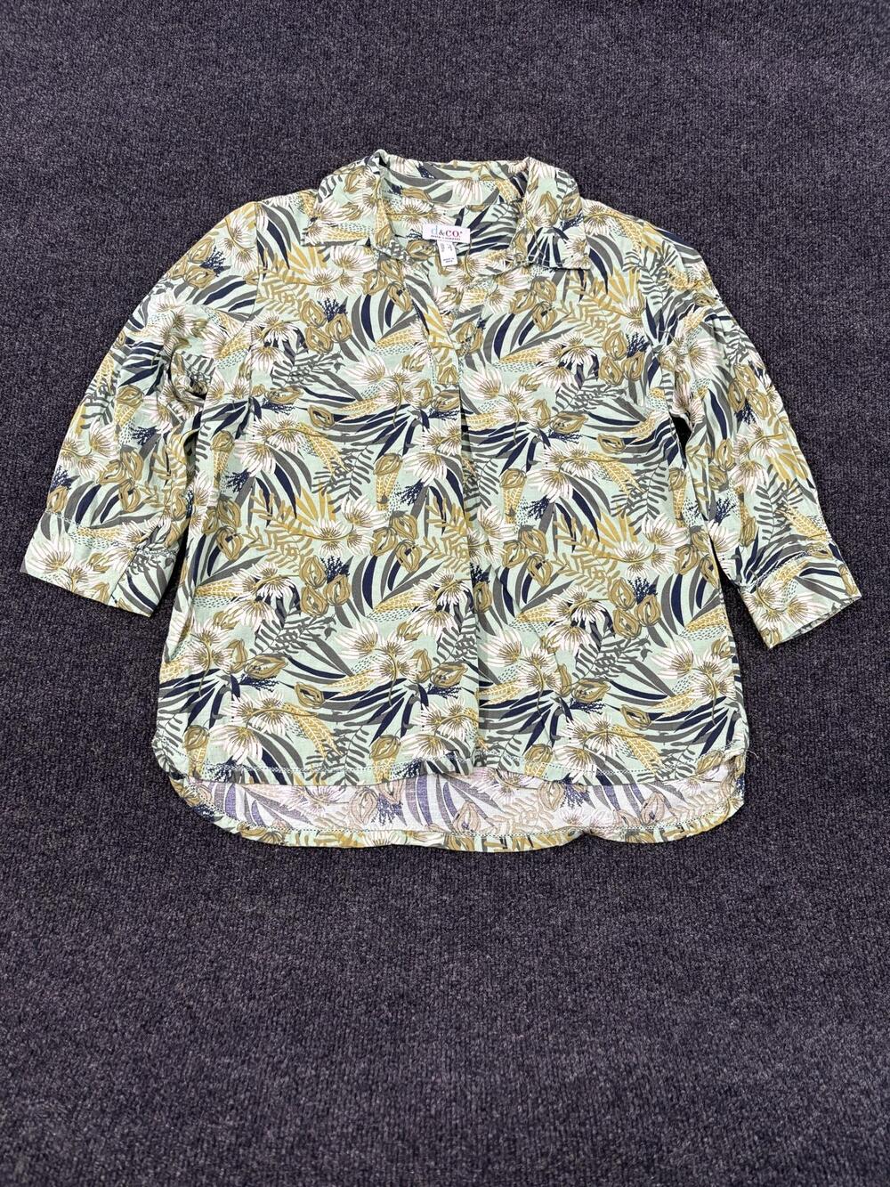 Denim & Co. Blouse Womens XS Green Floral Button Front 3/4 Sleeve Tunic Top